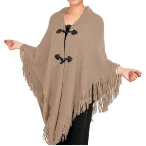 Anthropologie🧸Knit Cape Tan Brown Western Open Poncho w/ Vintage Toggle buttons